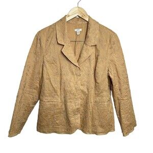 J.Jill Ginger 100% Cotton Boho Embroidered Lined Blazer Jacket Size 12 p‎ Tan
